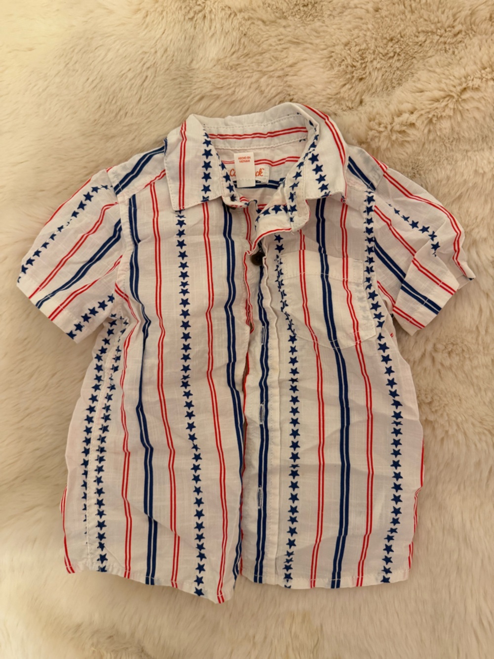 Cat & Jack White Short Sleeve Button-Up with Red and Blue Star Stripes